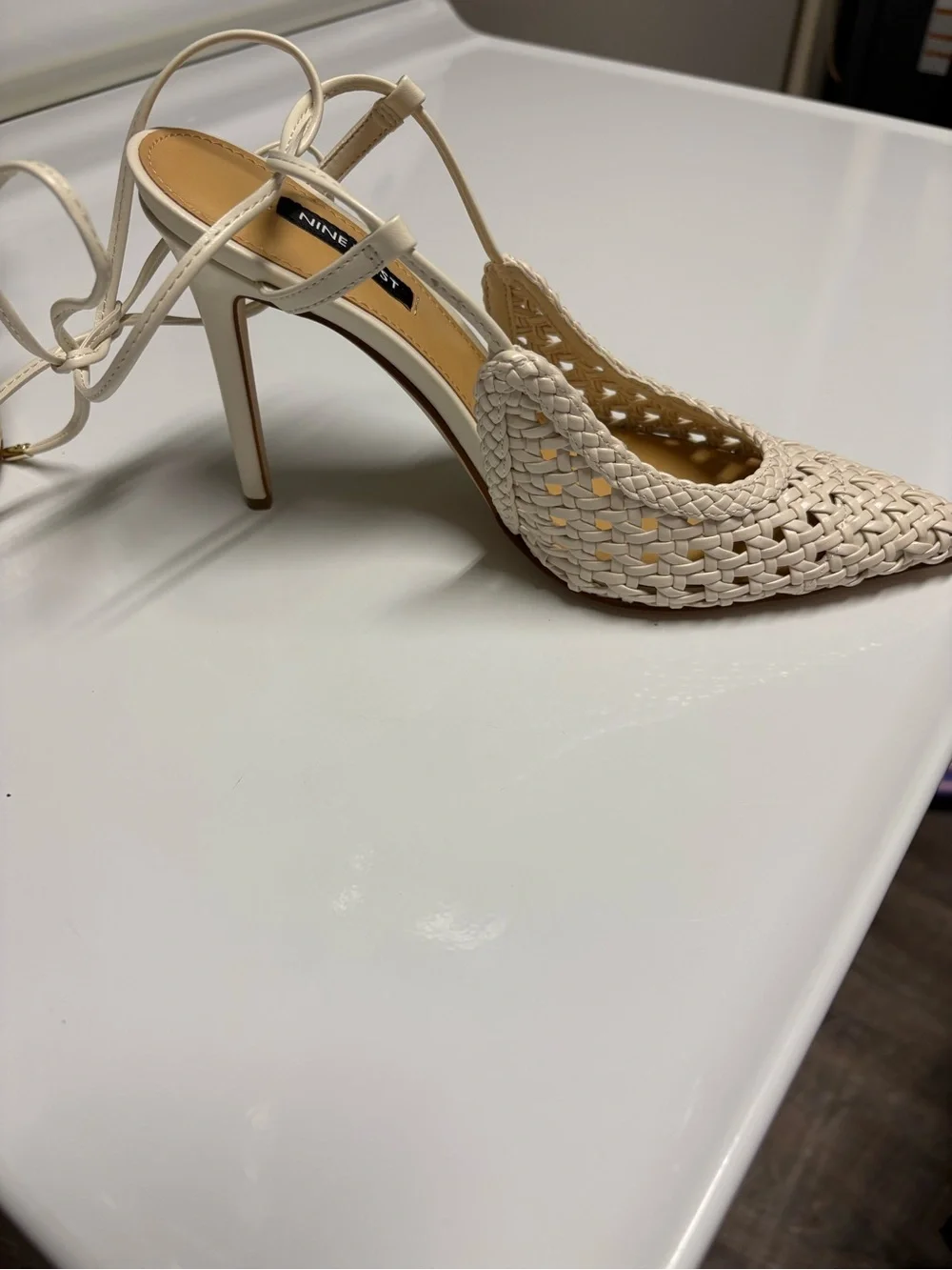 Nine West Cream Braided Pointed-Toe Lace-Up Heels